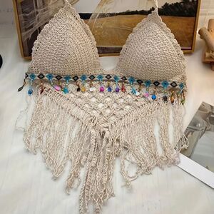 Crochet Halter Bra with Cropped Tassel Hem Summer Sleeveless Casual Top